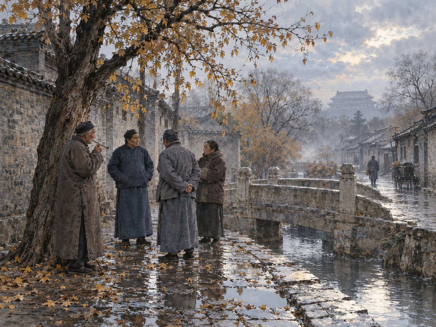 一阵秋雨过后，灰沉沉天色下的街头