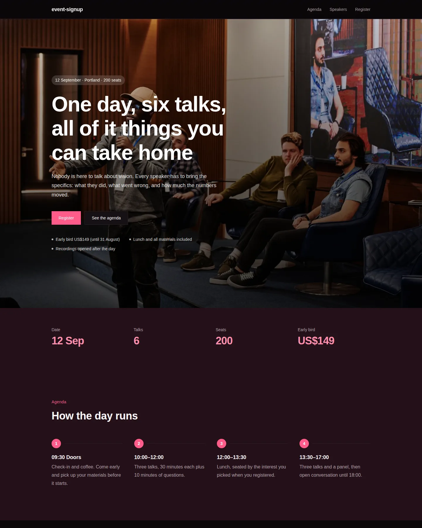 Screenshot of the Event registration page home page