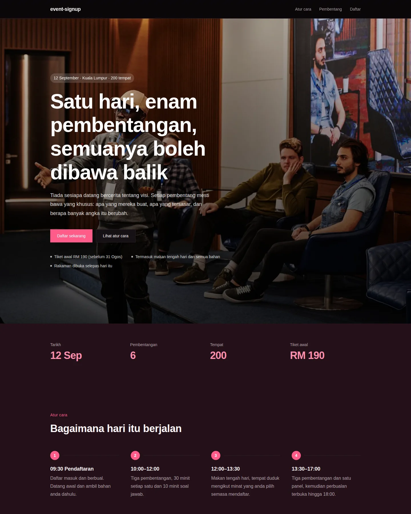Tangkapan skrin laman utama Halaman pendaftaran acara