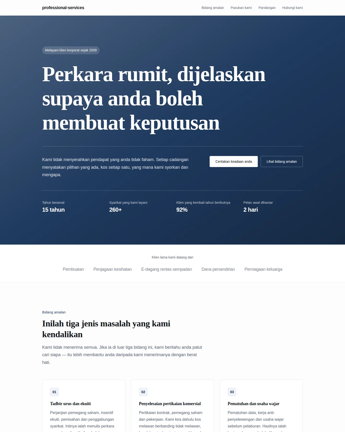 Tangkapan skrin laman utama Firma perkhidmatan profesional