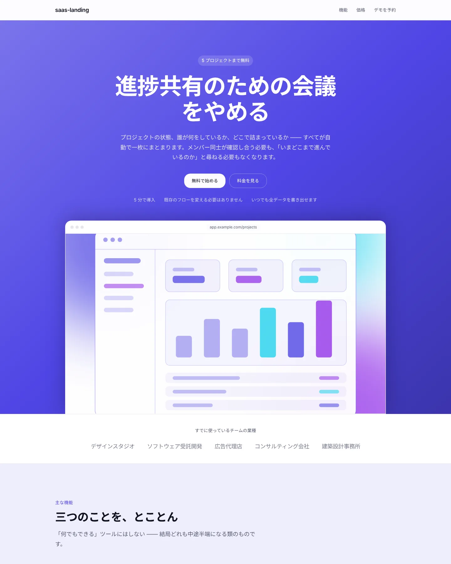 SaaS 製品のランディングページ のトップページのスクリーンショット