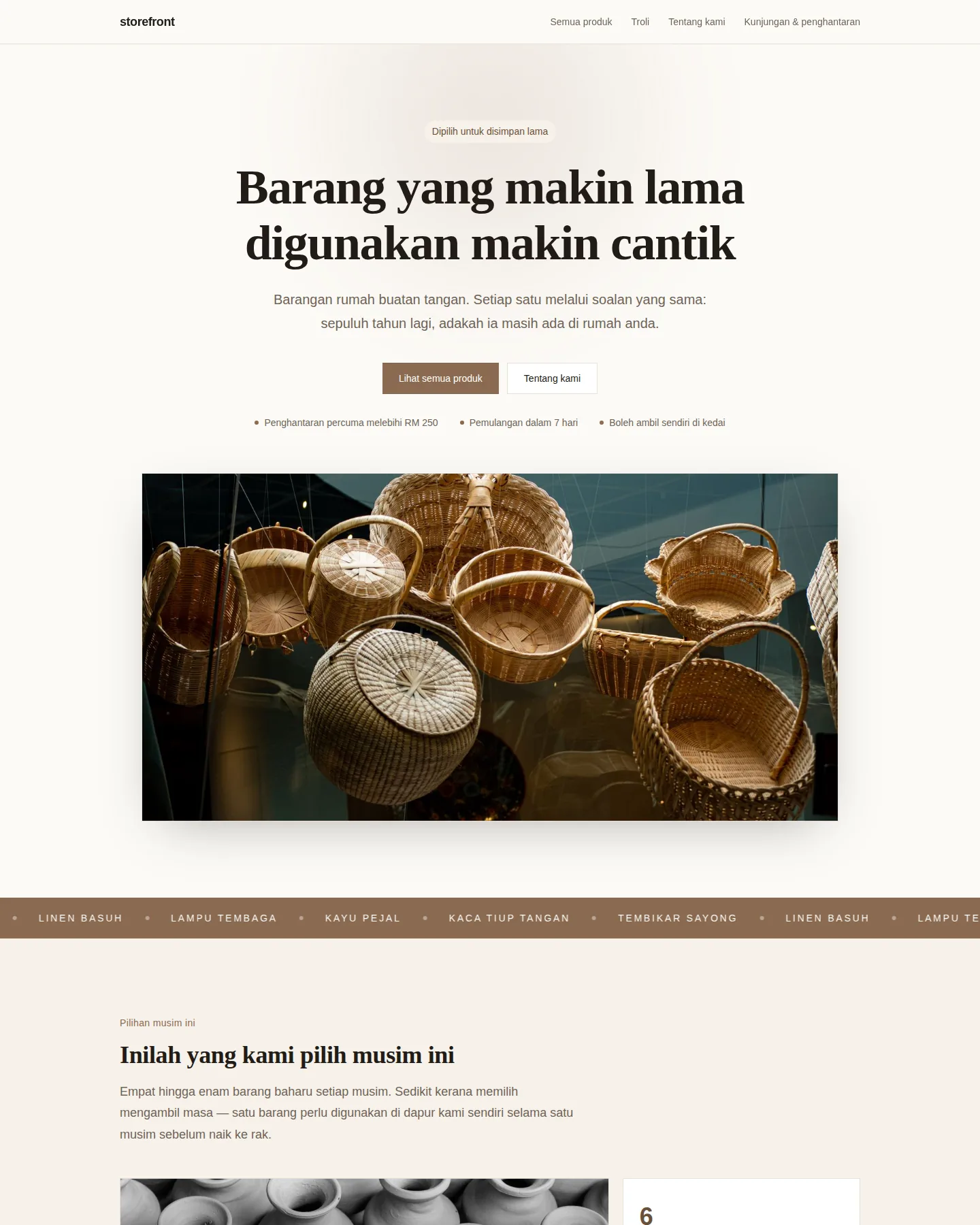Tangkapan skrin laman utama Kedai pilihan buatan tangan
