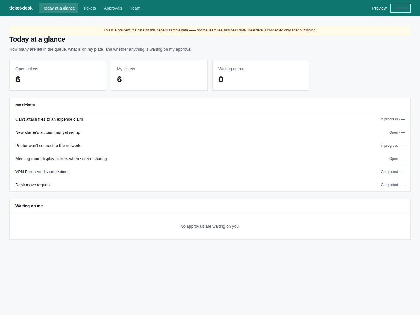 Screenshot of the Ticket & approval desk home page