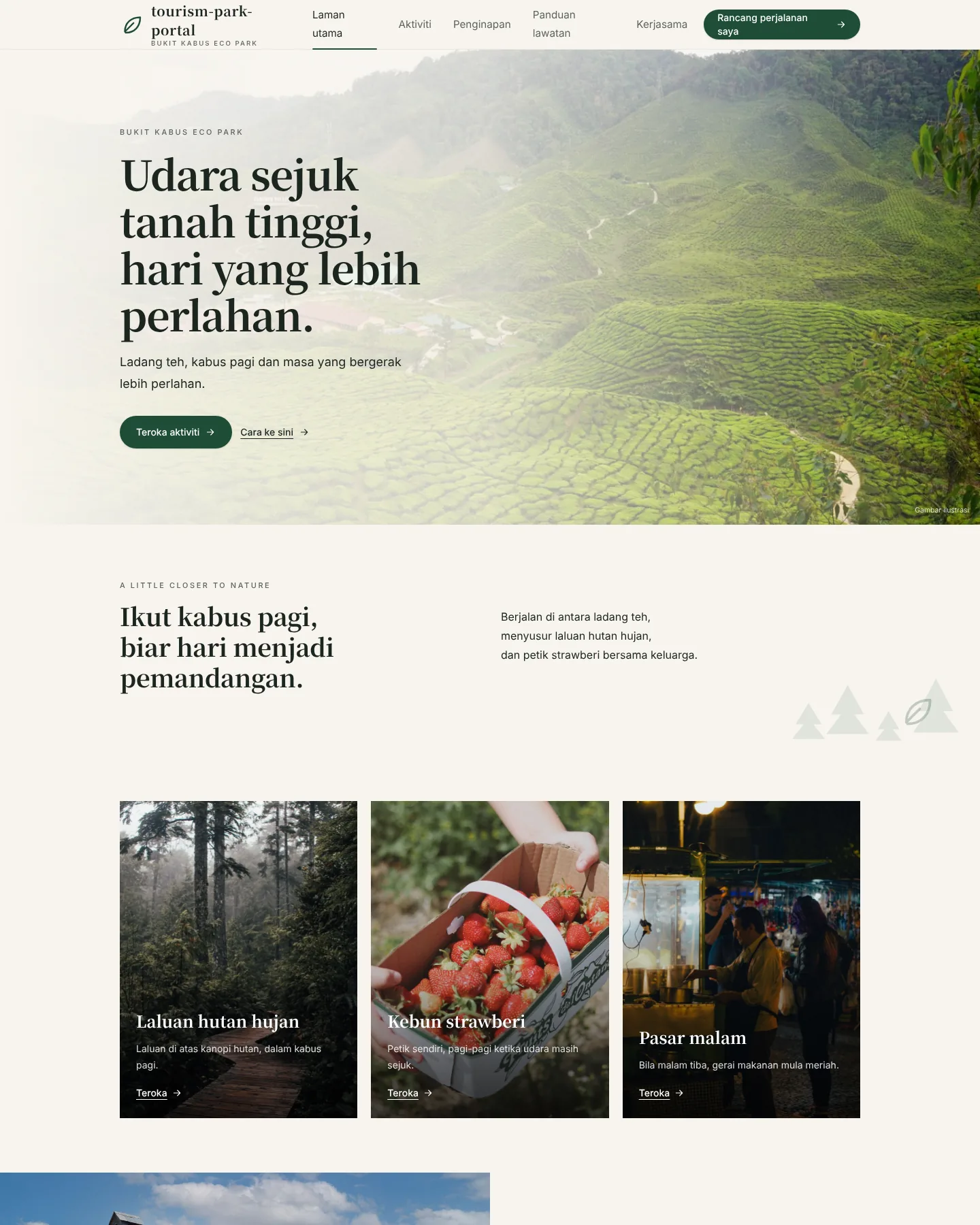 Tangkapan skrin laman utama Portal penyewaan taman pelancongan