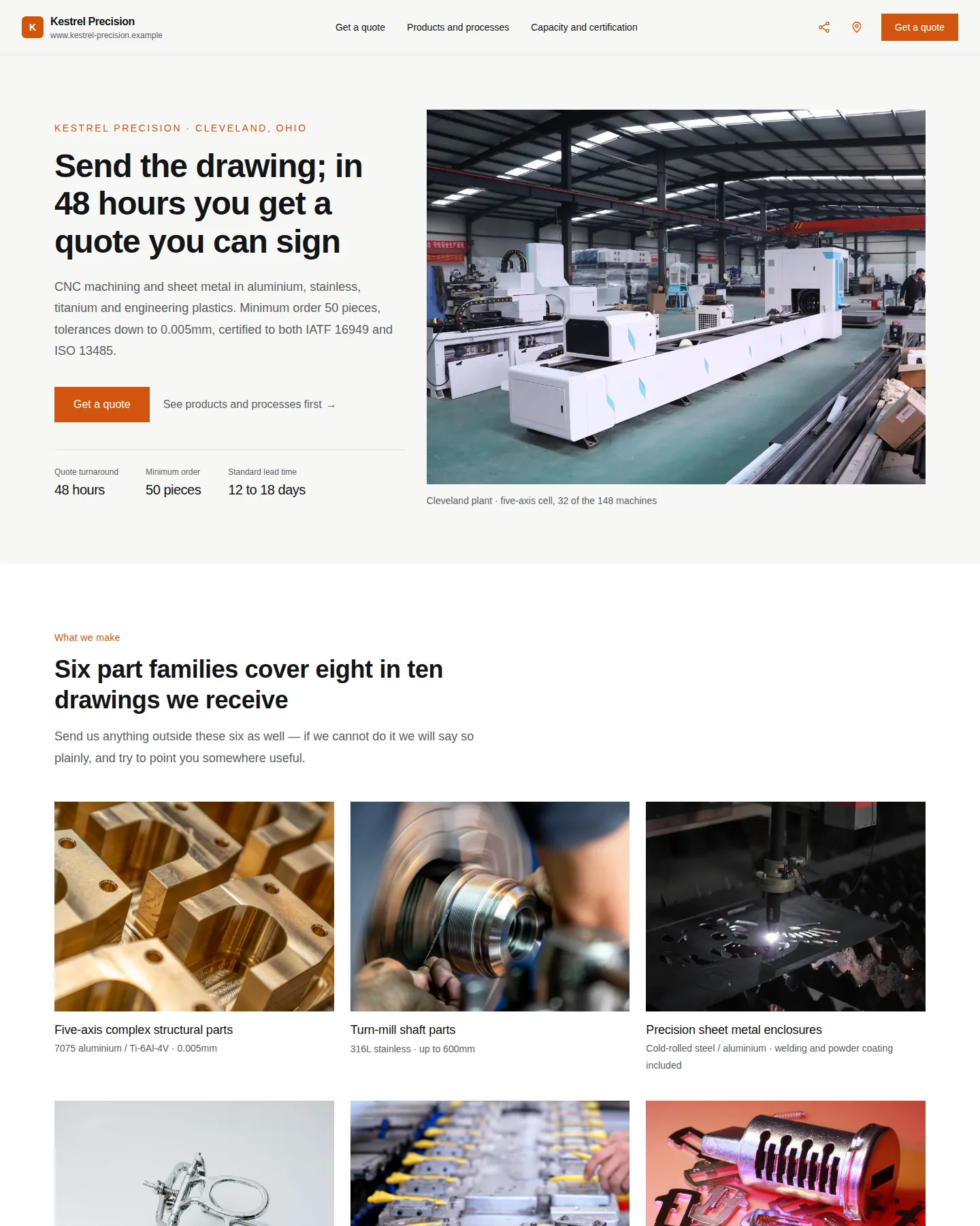 Screenshot of the Business card · Trade and manufacturing home page